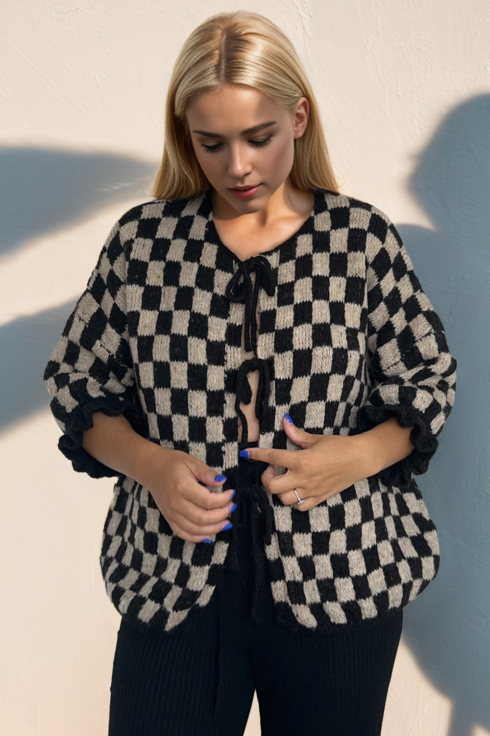 Checked Flounce Sleeve Cardigan