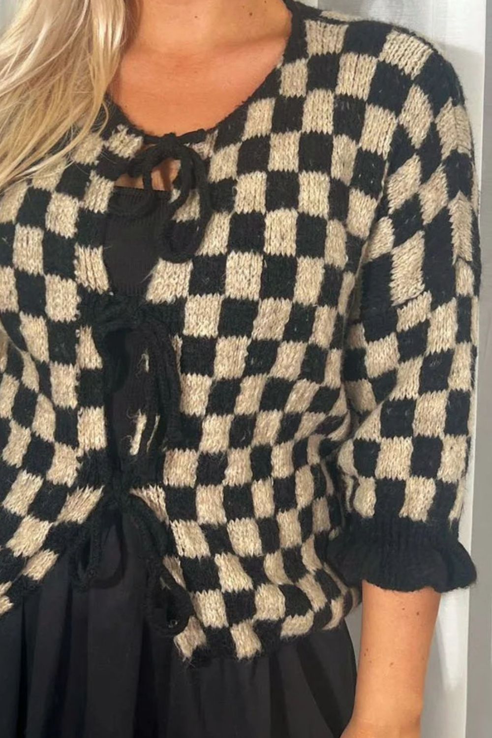 Checked Flounce Sleeve Cardigan