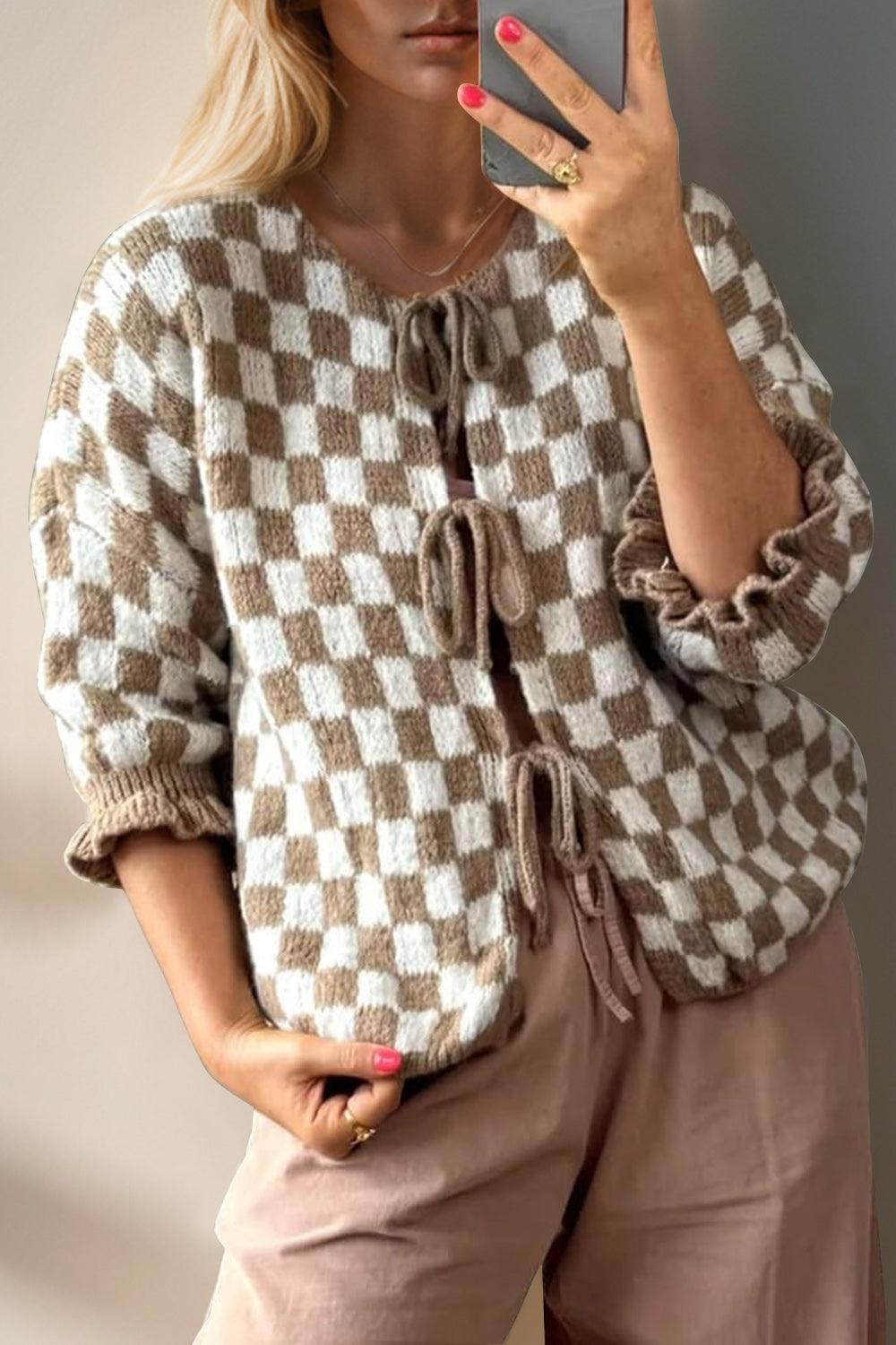 Checked Flounce Sleeve Cardigan