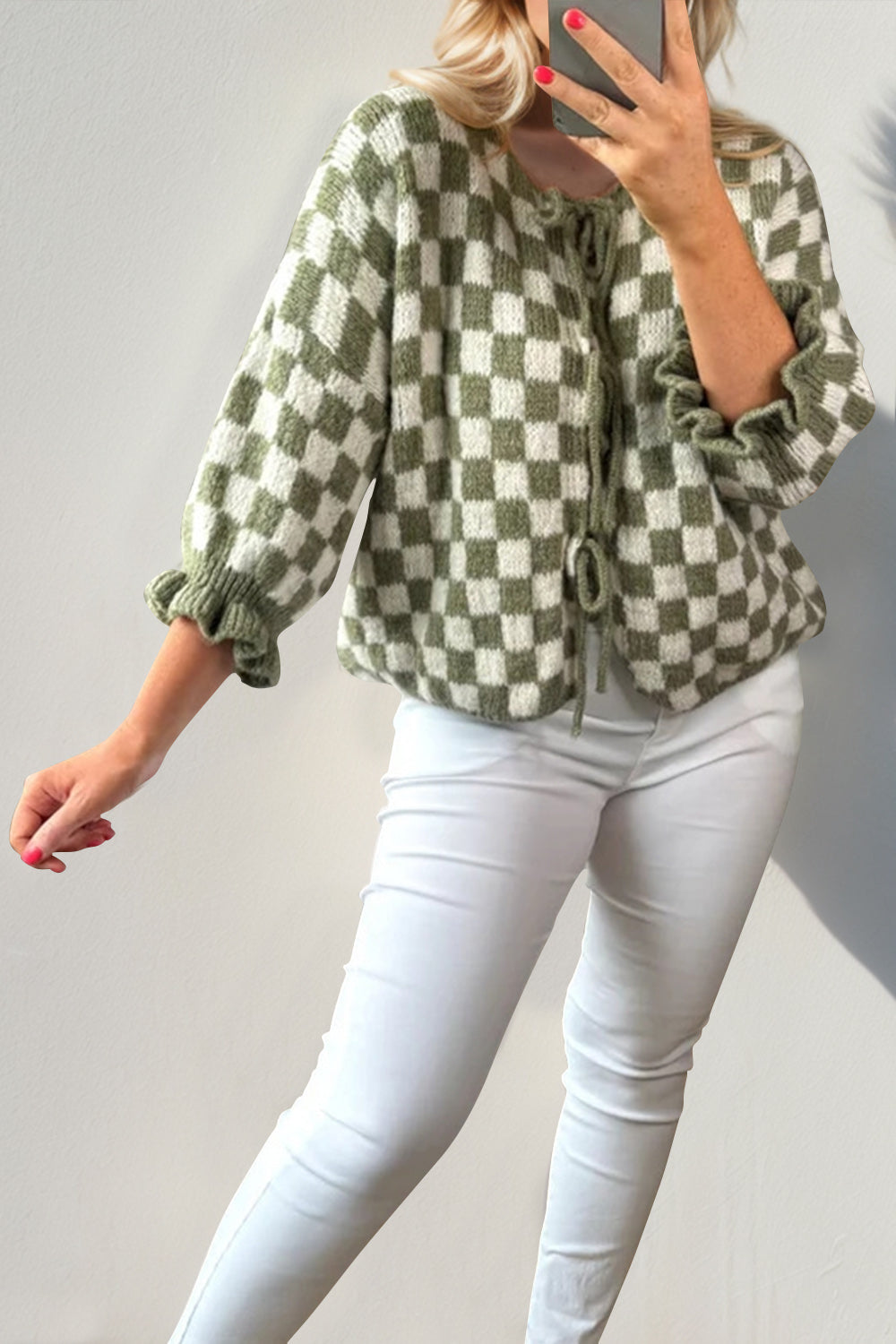 Checked Flounce Sleeve Cardigan