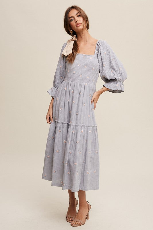 Ditzy Floral Embroidery Puff Sleeve Maxi Dress