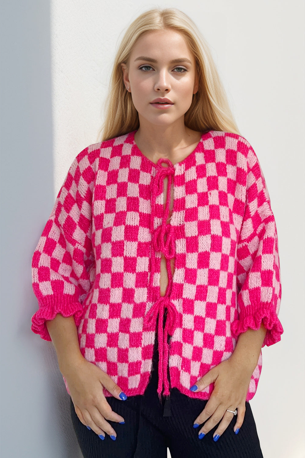 Checked Flounce Sleeve Cardigan