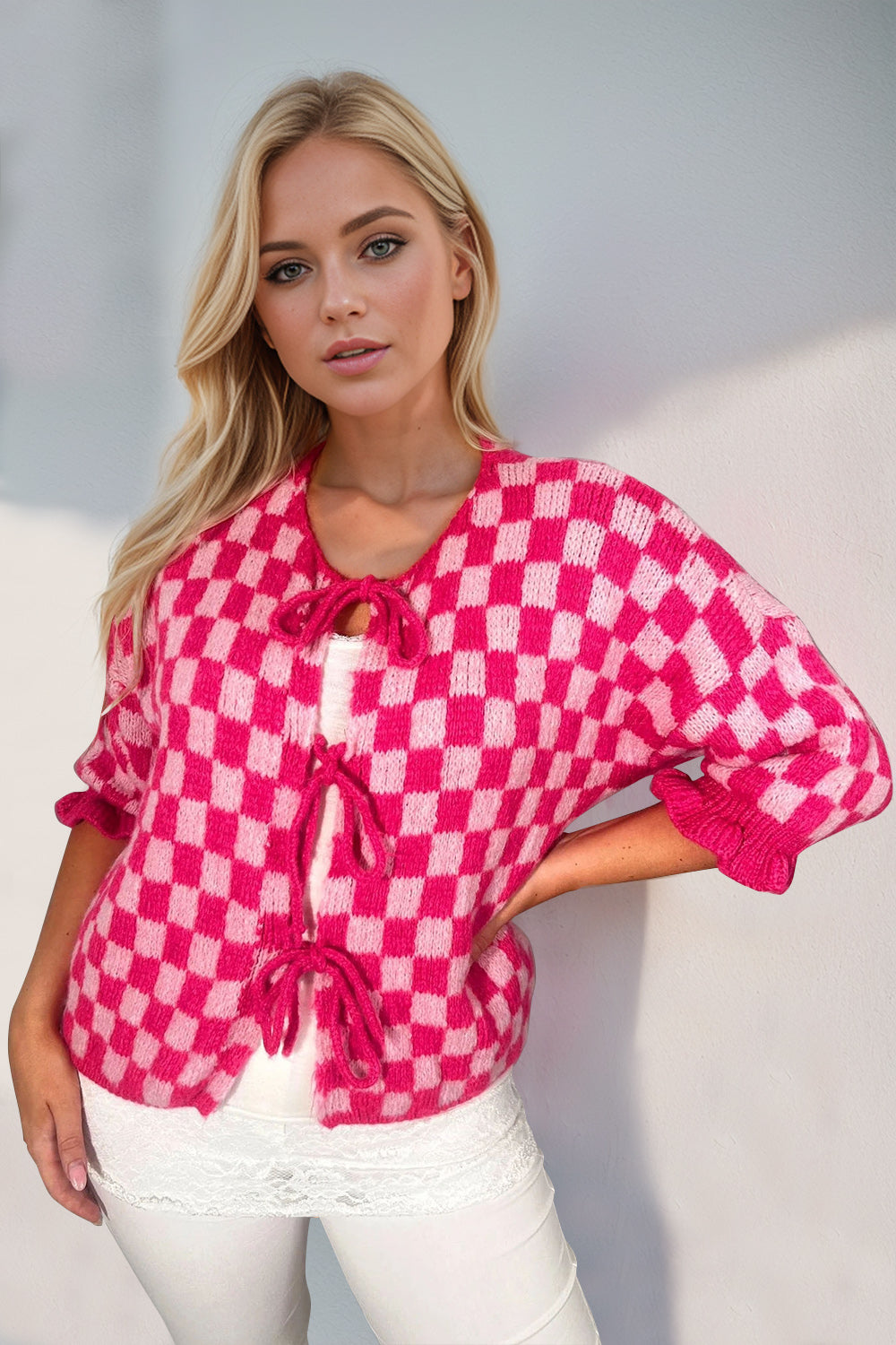 Checked Flounce Sleeve Cardigan