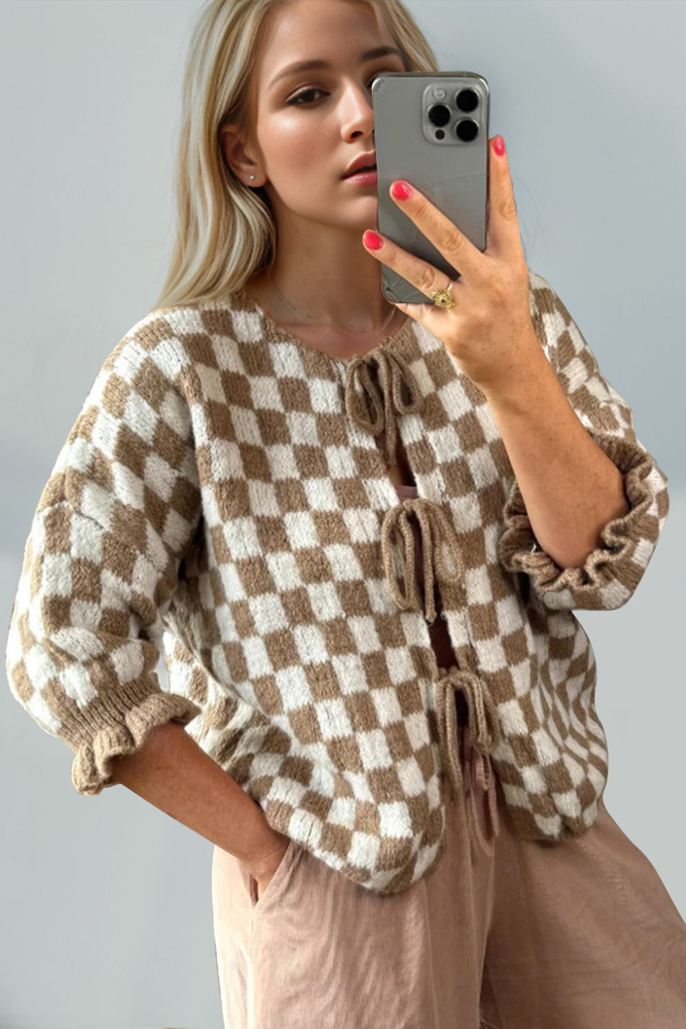 Checked Flounce Sleeve Cardigan