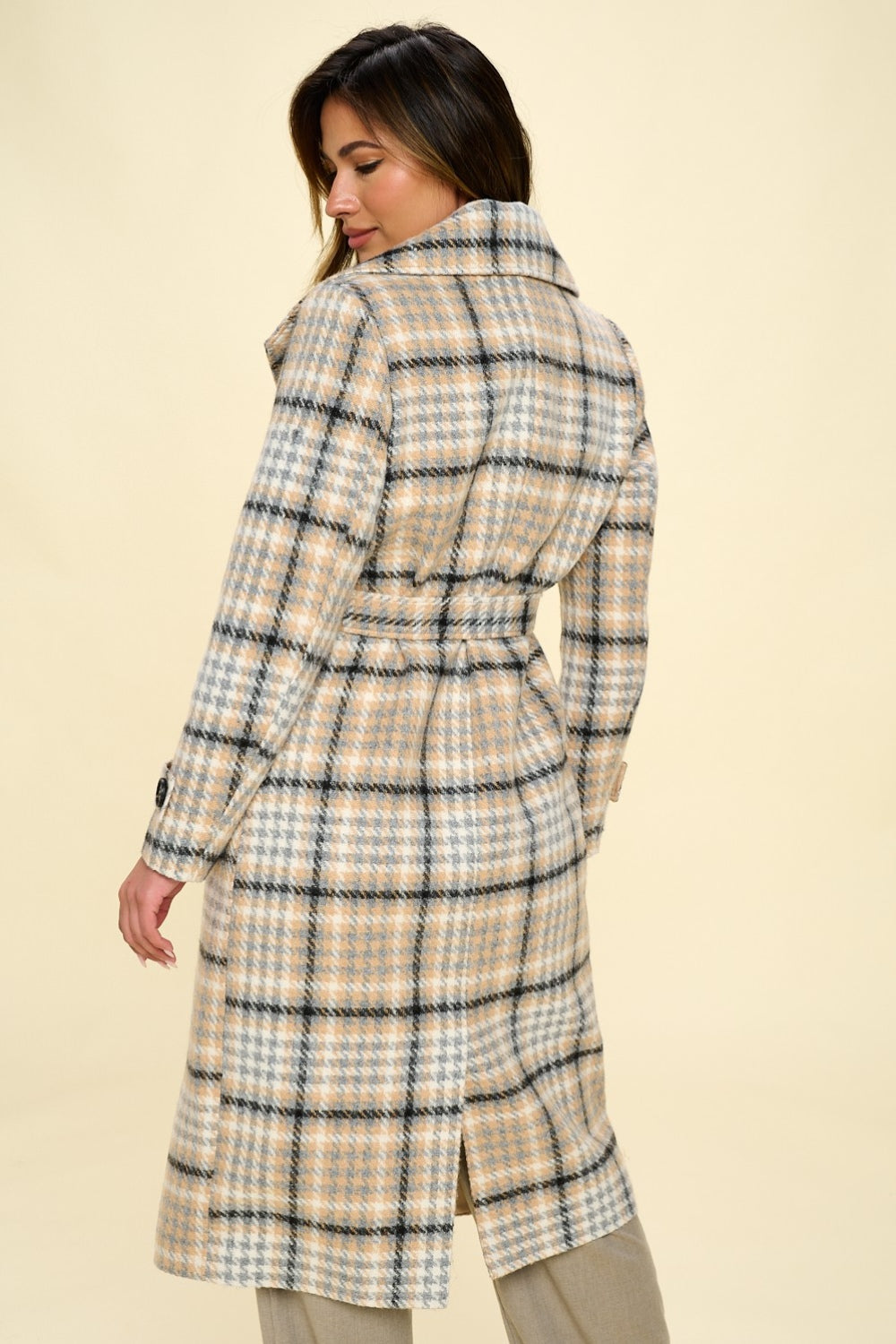 LA Double-Breasted Plaid Coat with Belt