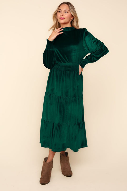 Evergreen Velvet Tiered Dress