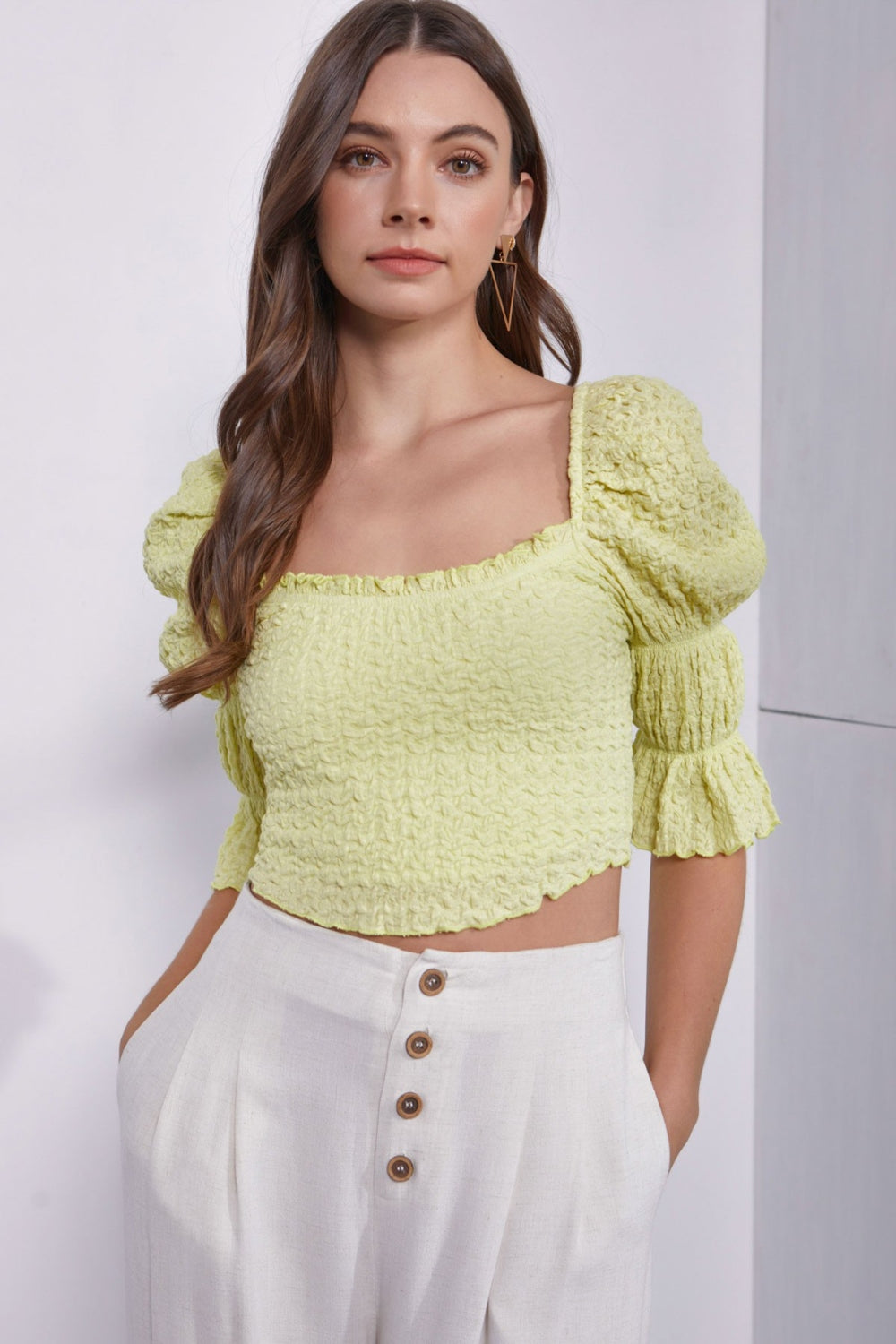 Crinkle Puff Sleeve Crop Top